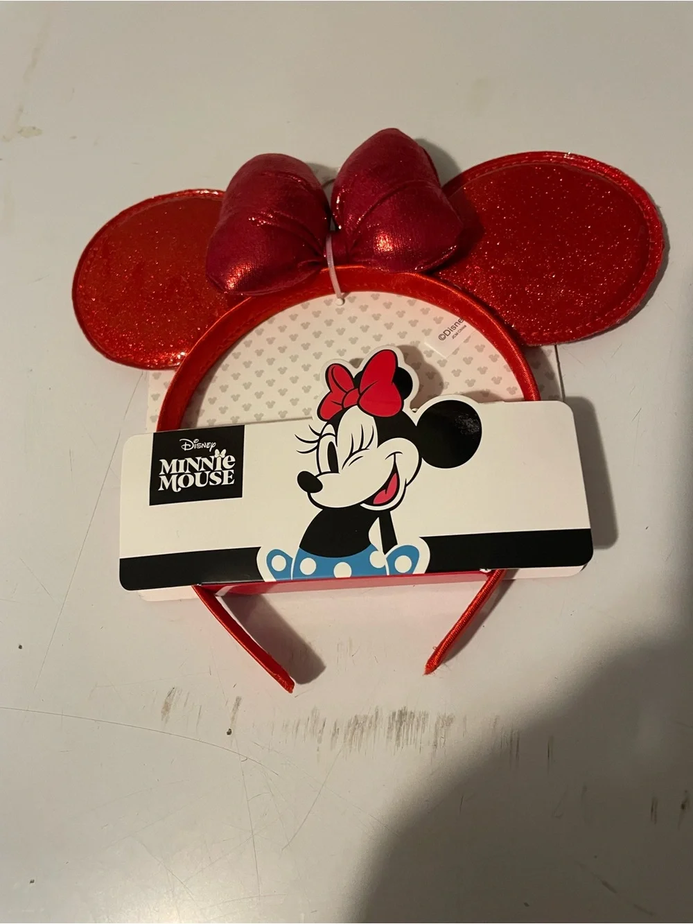 Disney Minnie Mouse Red Glitter Ear Headband with Shiny Bow